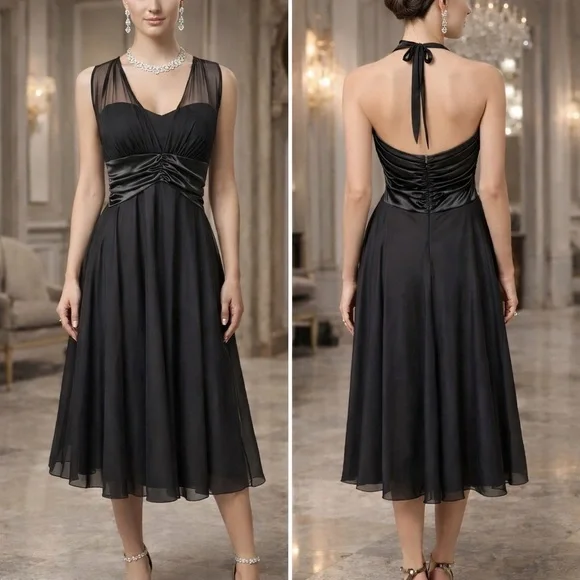Black Chiffon Backless Cocktail Dress Wedding Guest Formal Evening Party Size L