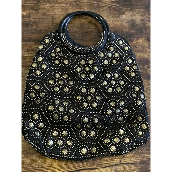 Vintage 1960s Black Beaded Handbag Black Handle &‎ Gold Stud Embellishing Boho