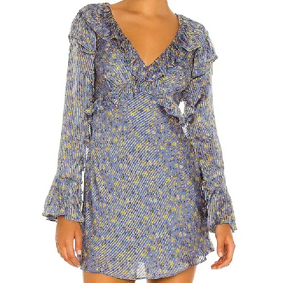NWT Free People 4 Sweetest Thing Mini Dress Ruffles Plunge Midnight Cowboy