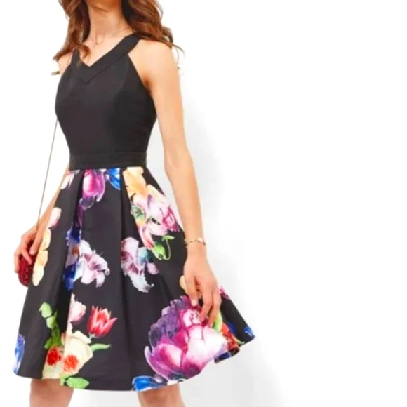 Ted Baker London Black Floral Illusia Pleated Dress - Ted 1/US 4