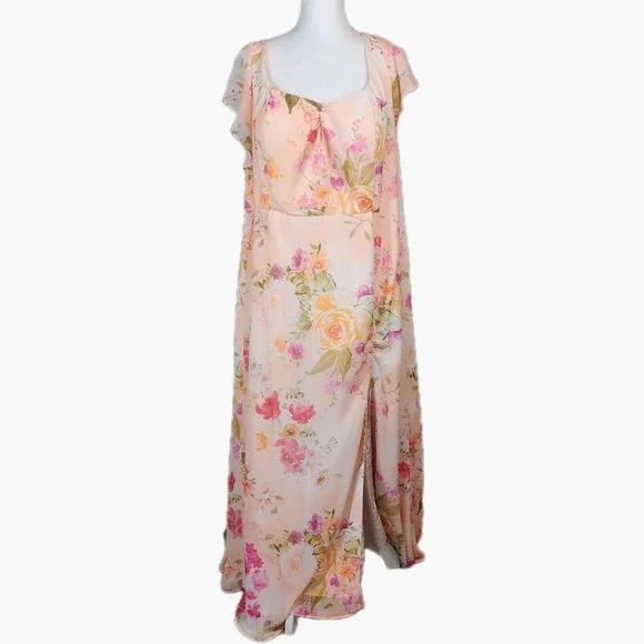 Azazie Formal Gown Dress Womens 20 22 Abstract Bouquet Floral Peach Pink Wedding