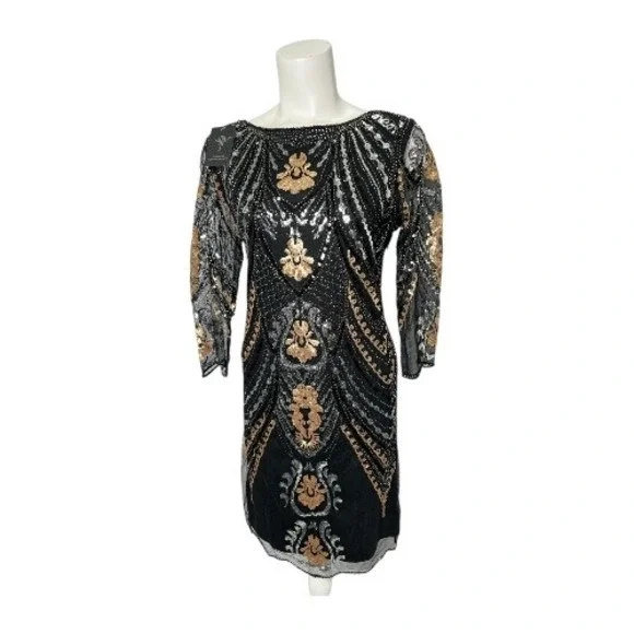 Sequin‎ Beaded Black Gold Silver Gatsby Flapper Dress 3/4 Sleeve Large NEW