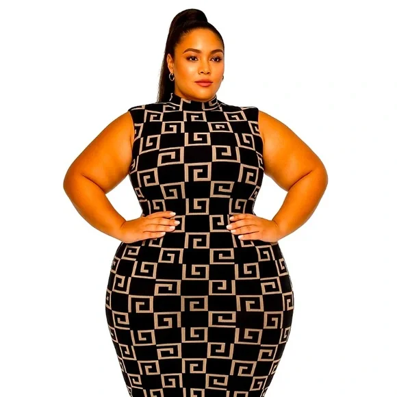 Plus Size Black & Tan Greek Pattern Abstract Midi Dress
