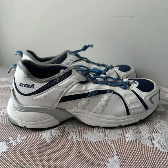 Ryka Nitracel Walking Shoes Womens 8 White Navy Blue Good Bungee Toggle Sneakers