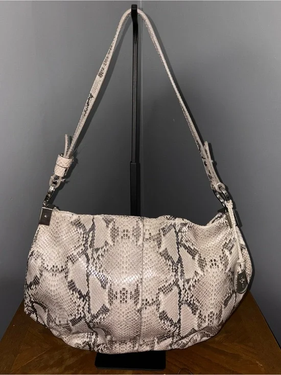Cole Haan Python Snakeskin Embossed Leather Hobo Shoulder Bag Grey Cream