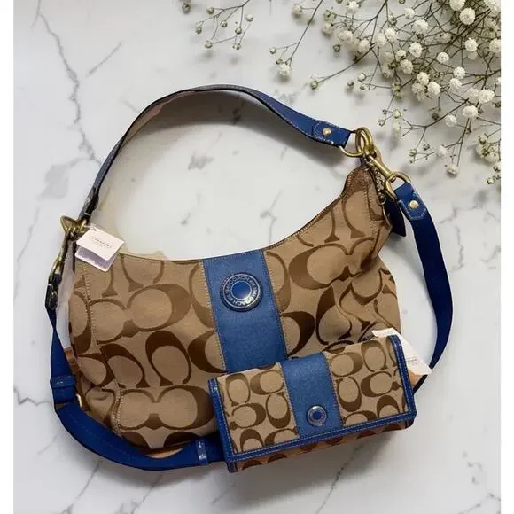 NWT Coach Y2K Signature Stripe Hobo Bag Wallet SET Khaki & Blue Jacquard 3254-1