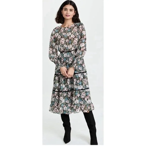 En Saison Floral Midi Dress Small Tiered Pastel Chiffon Rose‎ Cottagecore