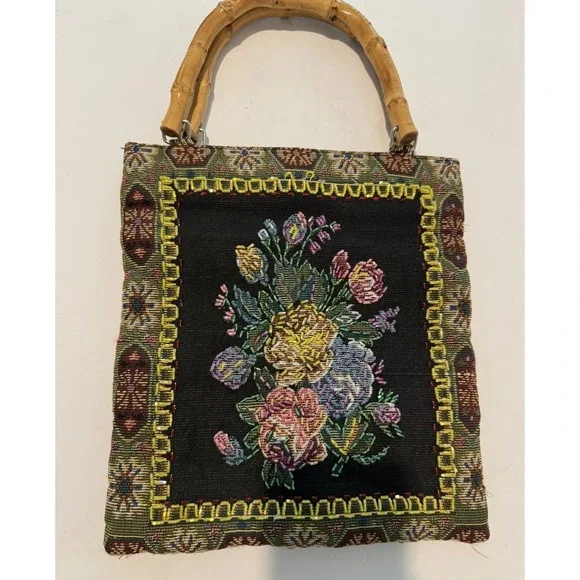VTG 70s Beaded Floral Tapestry Bag Bamboo Handle Boho Handbag