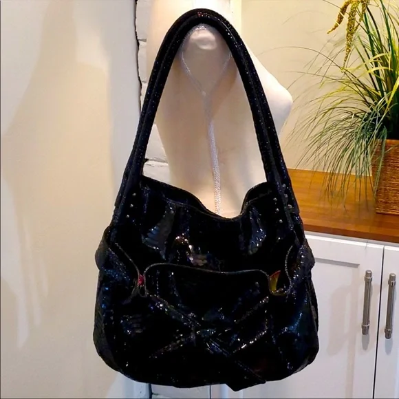 NWOT PERLINA BLACK SNAKESKIN EMBOSSED Hobo Bag w/Bow Sash