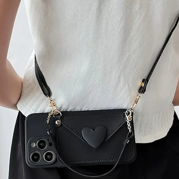 NEW Apple IPhone 15 Pro Max crossbody 3D love heart faux leather Phone case
