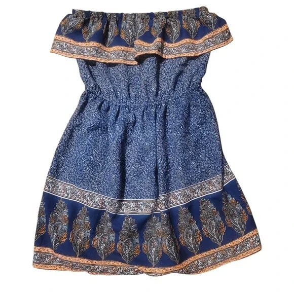 Band of Gypsies Navy Blue Paisley Floral Off Shoulder Ruffle Mini Dress Small‎