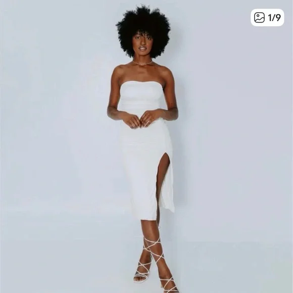Klassy Network Cream Strapless Midi Dress with Thigh Slit