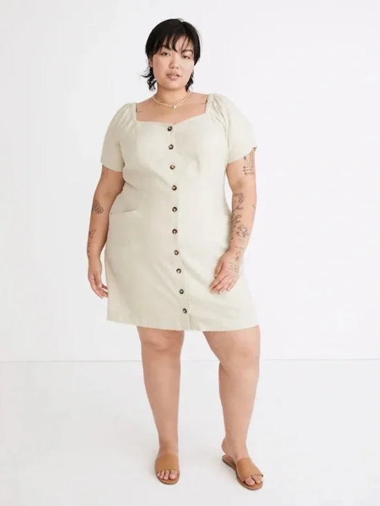 Madewell Plus Linen-Cotton Puff-Sleeve Dress size 16W mini button down ruched