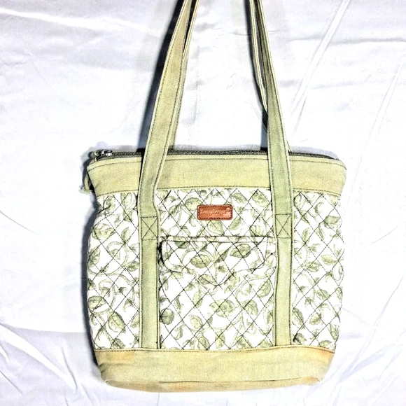 Longaberger Distressed Vintage Boho Hobo Beige with Green Floral Handbag