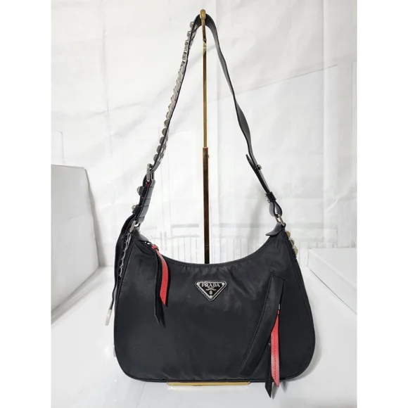 PRADA Tessuto Nylon Studded New Vela Hobo Bag Black