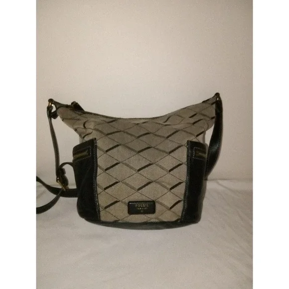 Fossil Black/Grey Fabric/Leather Hobo Shoulder Bag‎ Issue No 1954