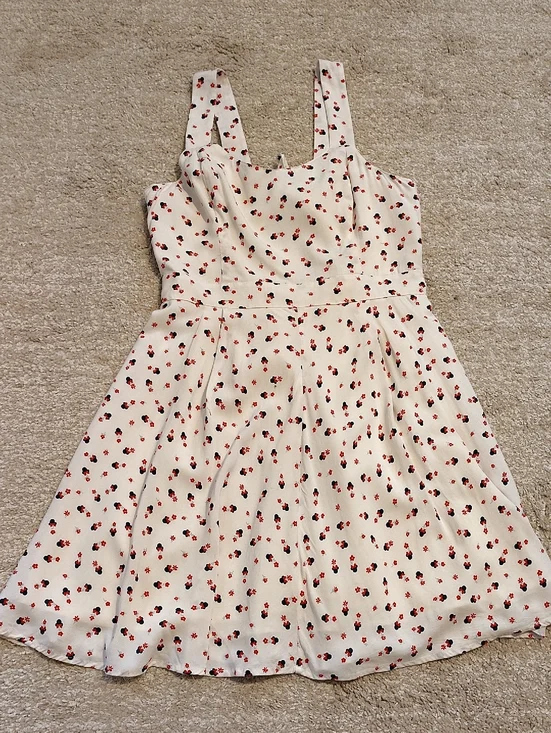 Disney Cream Mini Dress with Little Blue Minnie Mouse Figures Red Bow/Flowers