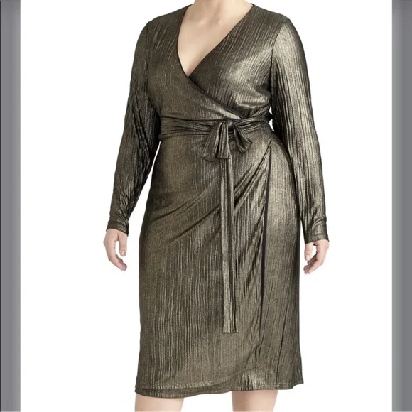 Rachel Roy Collection Pleated Metallic Wrap Dress Black & Gold 2X NWT