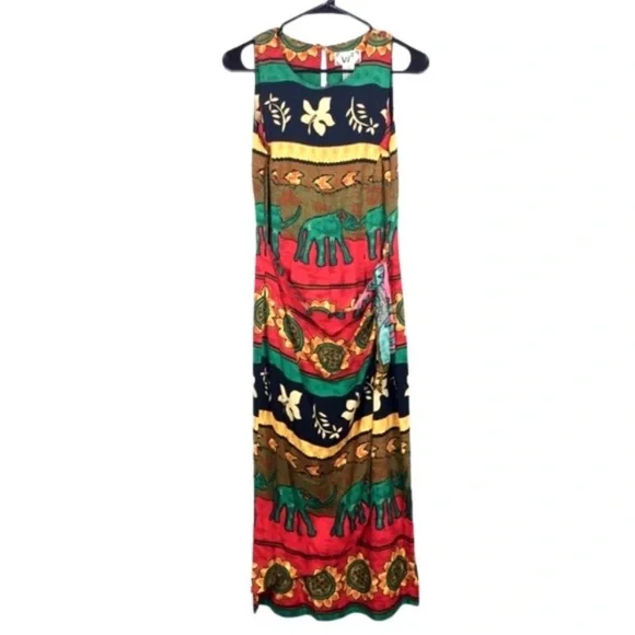 Vintage African inspired faux wrap rayon maxi dress size 8 African safari