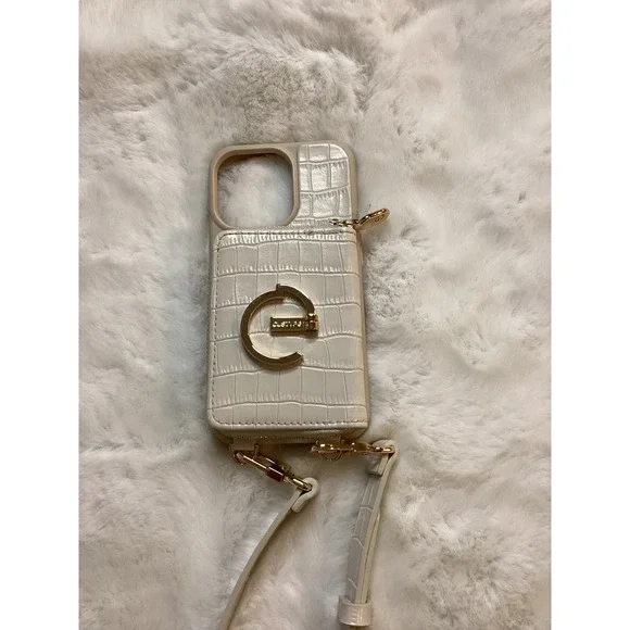 GUESS Croc Embossed Phone Case Wallet Crossbody Strap Gold Logo Ivory‎