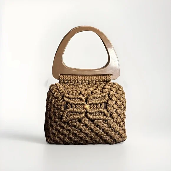 Vintage Macrame Woven Purse Brown Oversized Handles 60s 70s Retro Hippie Boho