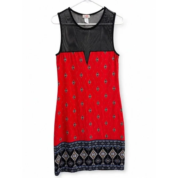 Scully Red Southwestern Print Sleeveless Sheath Dress Mesh Yoke Size Large