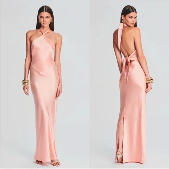 Retrofete Ester Satin Maxi Gown Size L Cantaloupe Peach Halter Dress Party Event