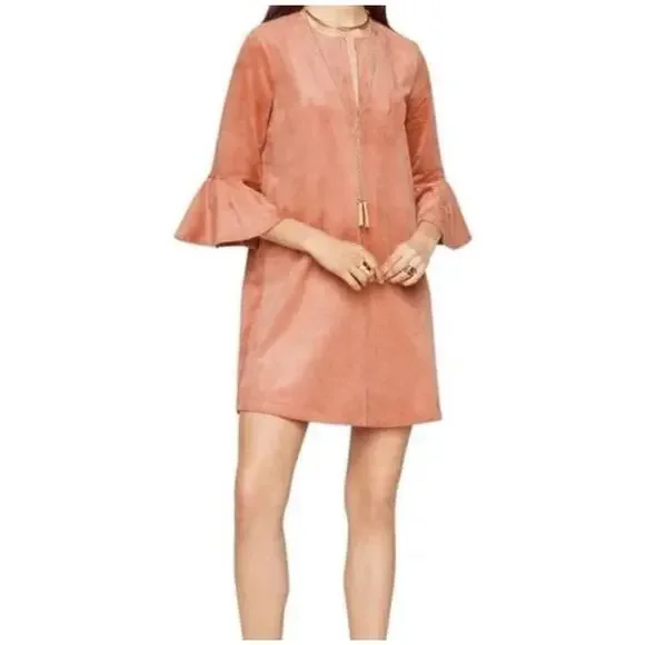 BCBGMAXAZRIA Faux Suede Cartier Dress Shift Ruffled Bell Sleeves Sz M Clay Pink