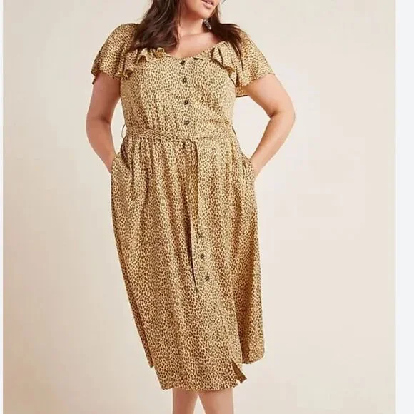 ANTHROPOLOGIE‎ BOLONO CHEETAH PRINT BUTTON UP RUFFLE BELTED DRESS size 16W NWOT