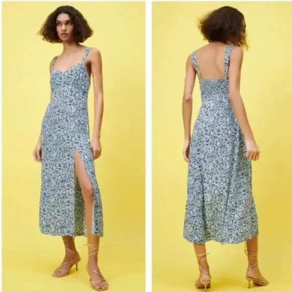 Zara Purple Floral Smocked Midi Dress Size M Boho Ruched Summer Wedding Guest