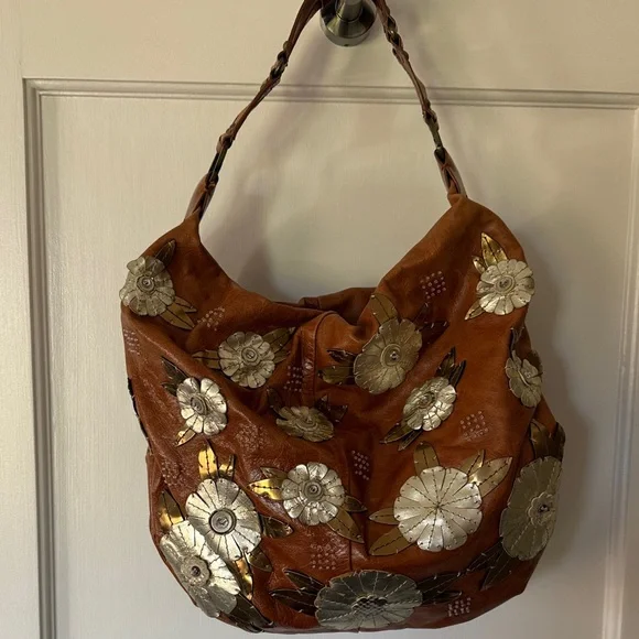 Cole Haan G Series Floral Embellished Brown Leather and Metallic Hobo Bag