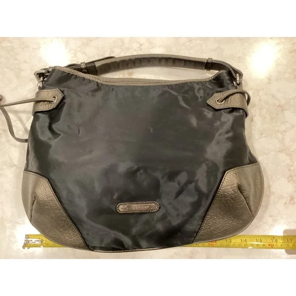 Burberry Hobo‎ Bag Metallic Leather Trim Nylon Shoulder Bag Designer Purse