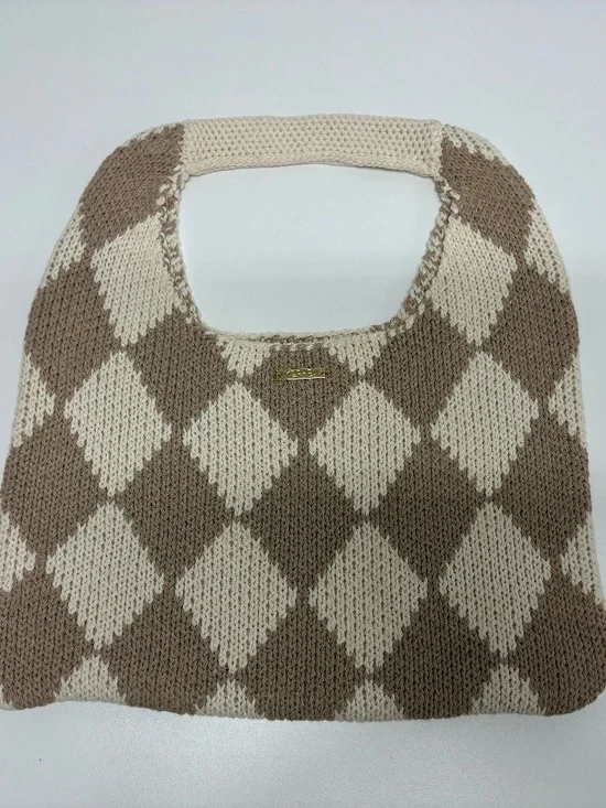 KOPARI Limited Edition Checkered Knit Tan Cream Tote Bag - NEW Without Tag.