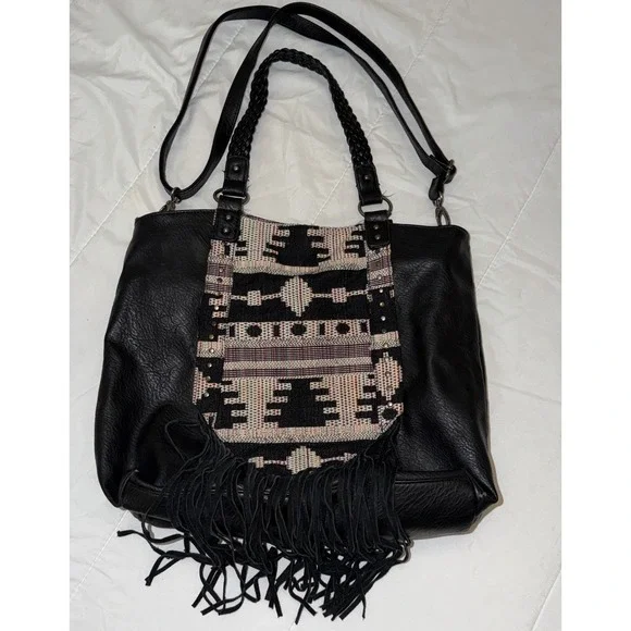 Black Faux Leather Fringe Bag Aztec Purse Hobo Boho Women's Shoulder Bag