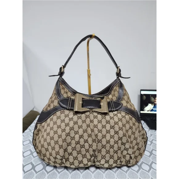 GUCCI GG Canvas And Leather Queen Large Hobo Bag Beige/Brown