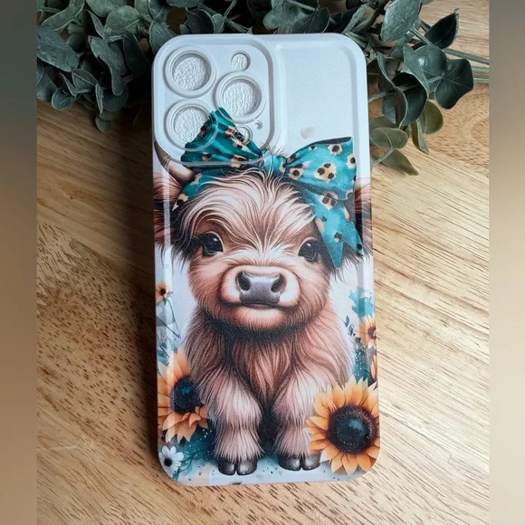 Cute Baby Highland Cow and Sunflower Phone Case iPhone 14 Pro Max