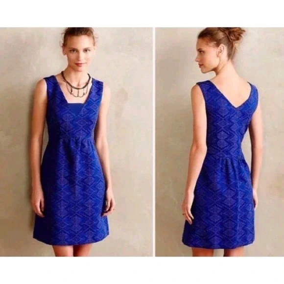 Anthropologie Maeve Averie Blue Jacquard Fit & Flare Sleeveless Dress Sz 2