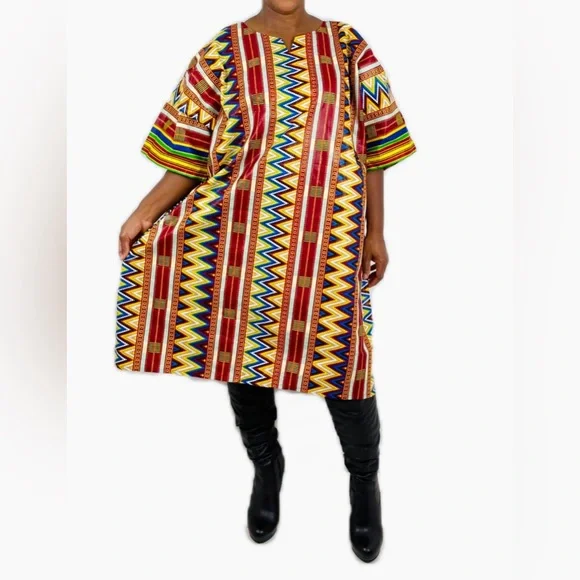 Multicolor Chevron Zigzag Notch Neck Cotton Midi Shirt Handmade Kaftan Dress
