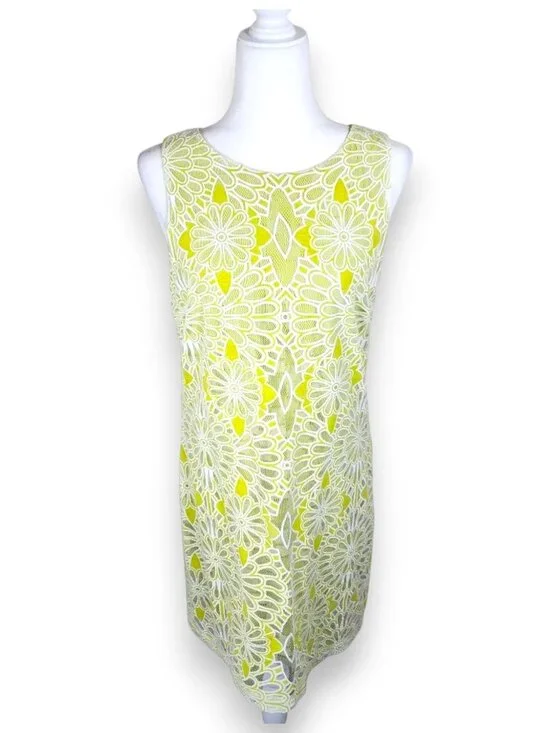 Badgley Mischka Lace Sheath Dress Lime Yellow White Floral Size 8