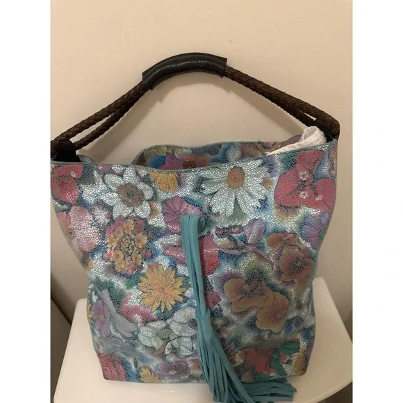 Uno Alla Volta Italian Leather Floral Metallic Hobo Bag BlueTassel Made in Italy