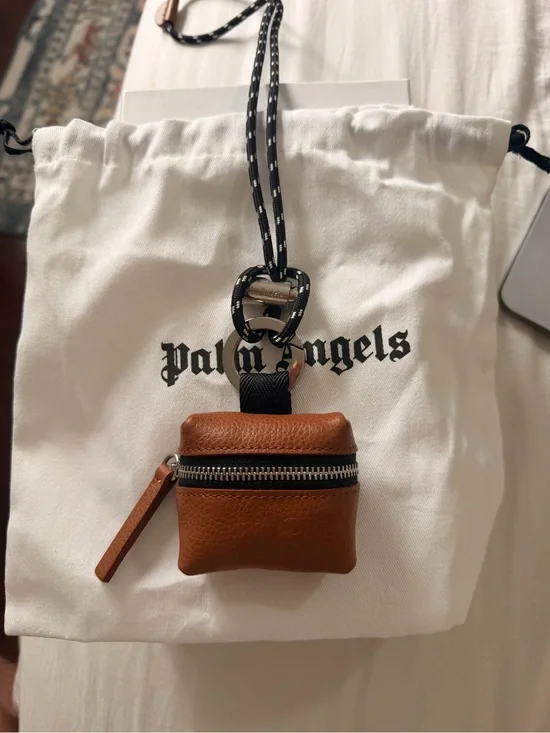 Palm Angels Tan Leather Mini Pouch AirPod Necklace with Black Cord