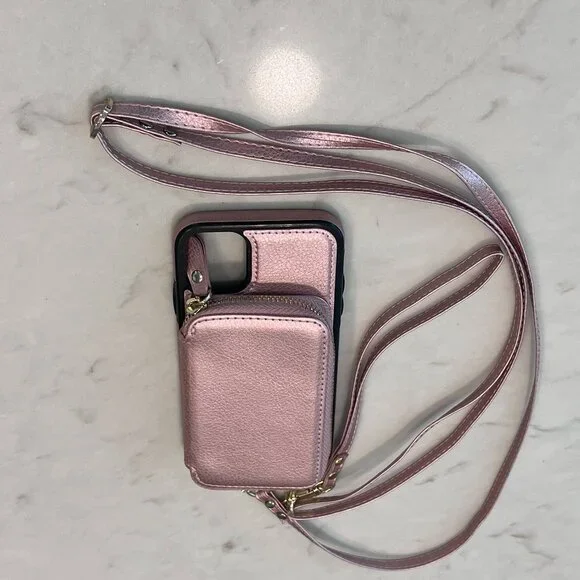 Pink‎ Metallic Wallet Crossbody Phone Case with Card Holder & Zipper 6.25