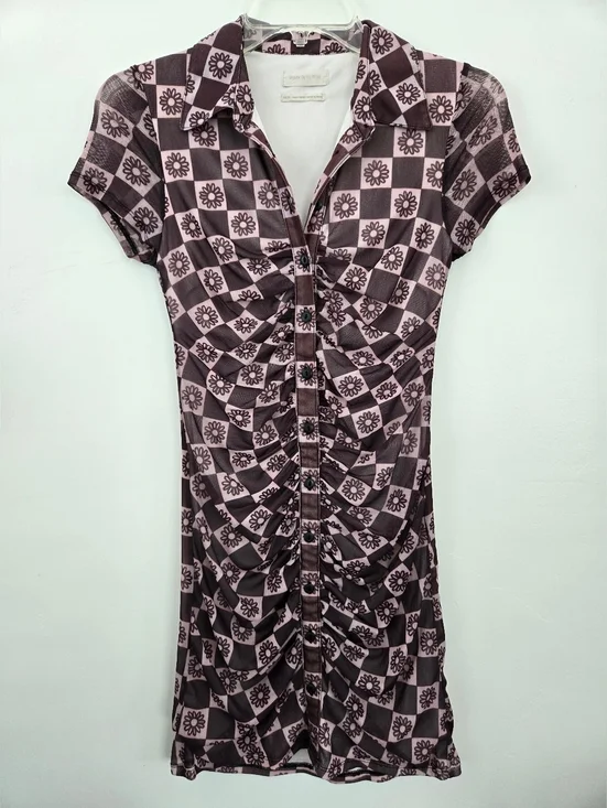 Urban Outfitters Y2K Retro Mesh Ruched Brown & White Riko Bodycon Shirt Dress. S