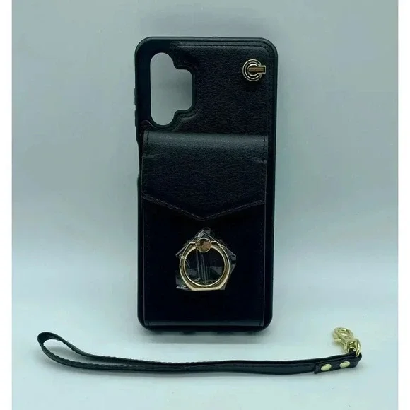 Leather Wallet Case Galaxy A13 5G 360° Ring‎ Kickstand With Strap RFID Black