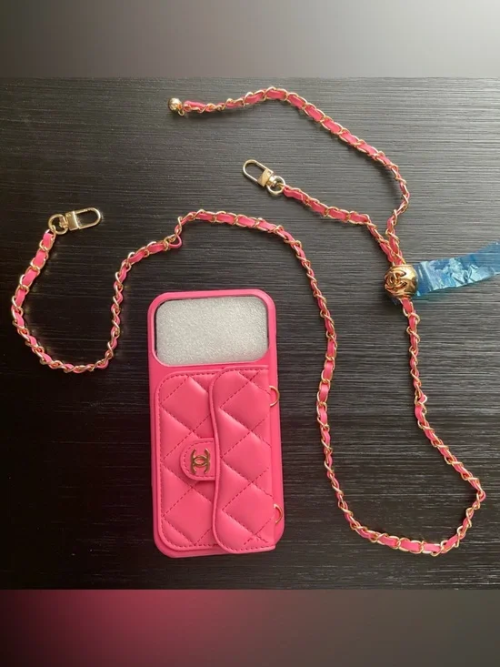 iPhone 17 Pro Max Pink Quilted Phone Case with Gold Chain Strap.