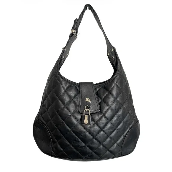 Y2K Burberry Brooke Padlock Black Quilted Leather Hobo Handbag Purse Equestrian