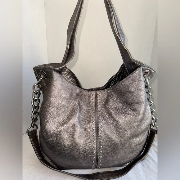 Michael Kors Metallic Gray Leather Studded Chain Strap Satchel Shoulder Bag