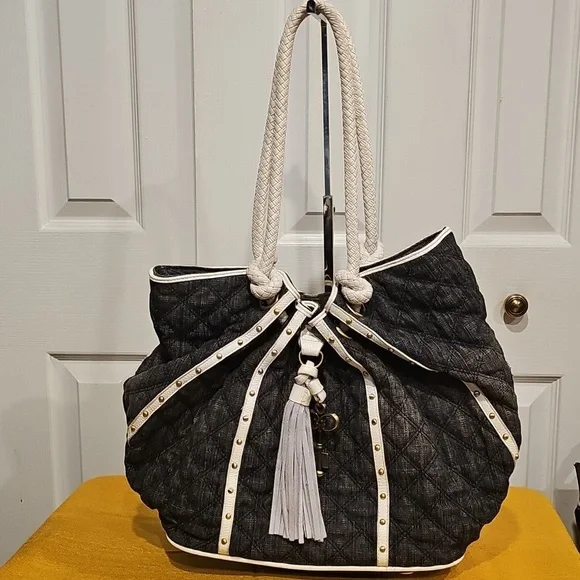 Sharif Quilted Black Denim Fabric & Braided Leather Straps Shoulder Bag NWOT