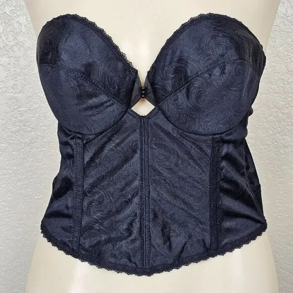 Vtg Sophistique By Smoothie Black Bustier Long Line Bra Boning‎ Floral Lace 36B