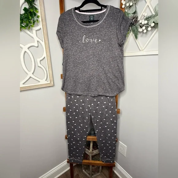 Laura Ashley Pajama Set – “Love” Embroidered Tee & Heart Print Pants